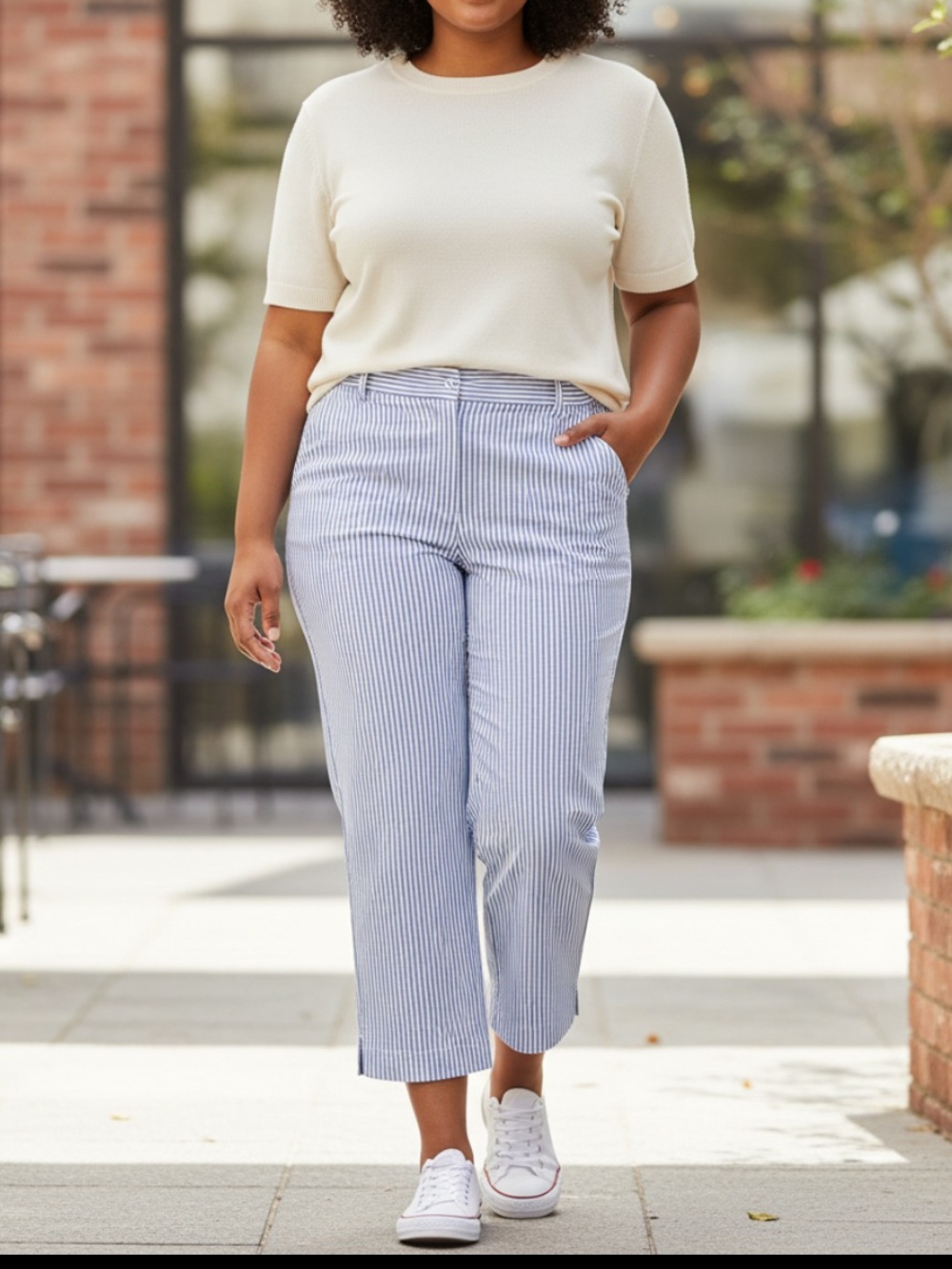 Talbots White & Light Blue Cropped Seersucker Pants